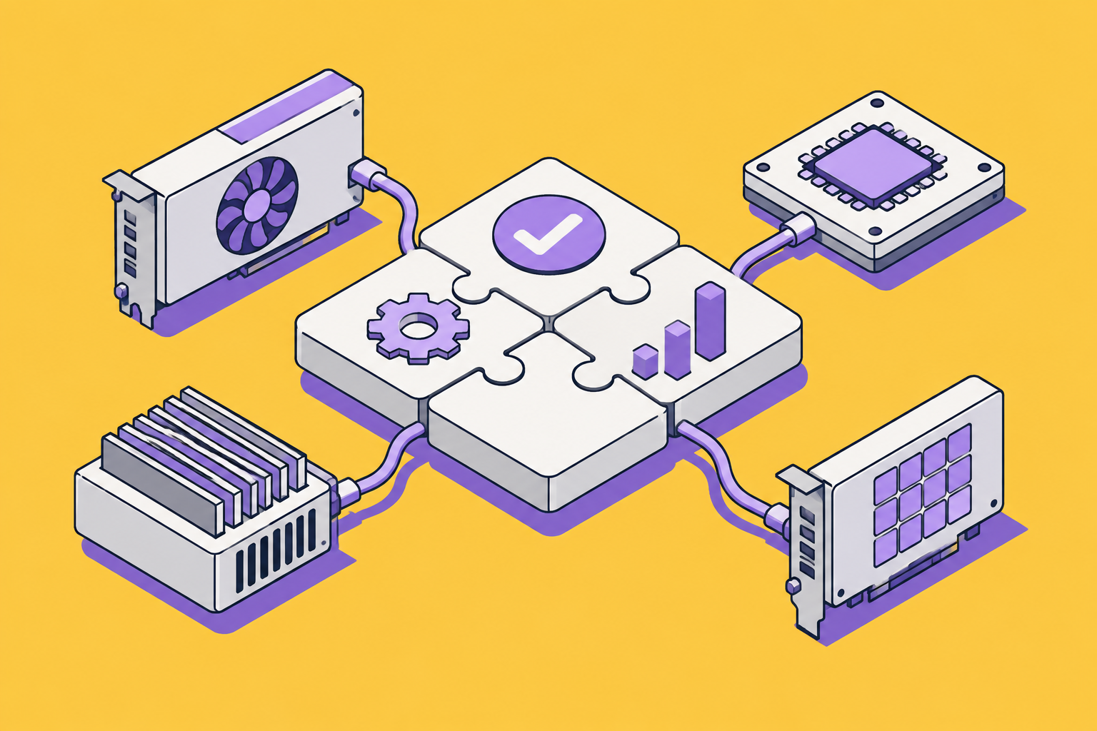 Isometric illustration of assembled objects in marigold and violet.