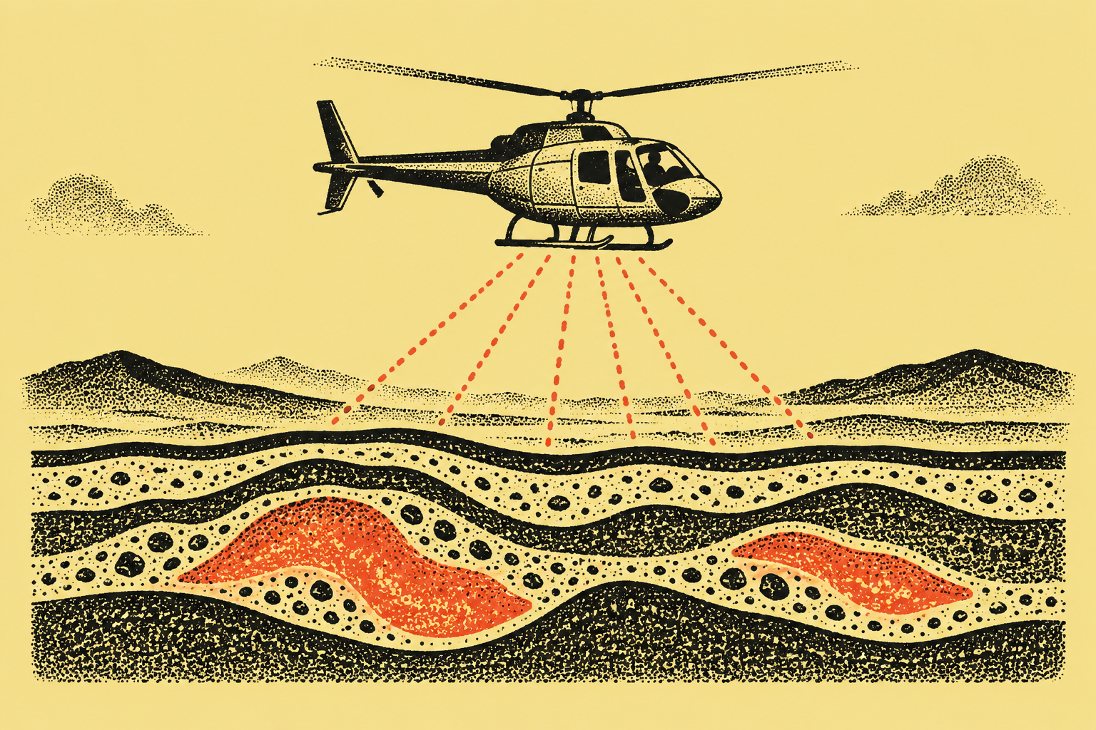 Illustration in a hand-printed ink style in black ink on butter yellow with a vermilion spot.