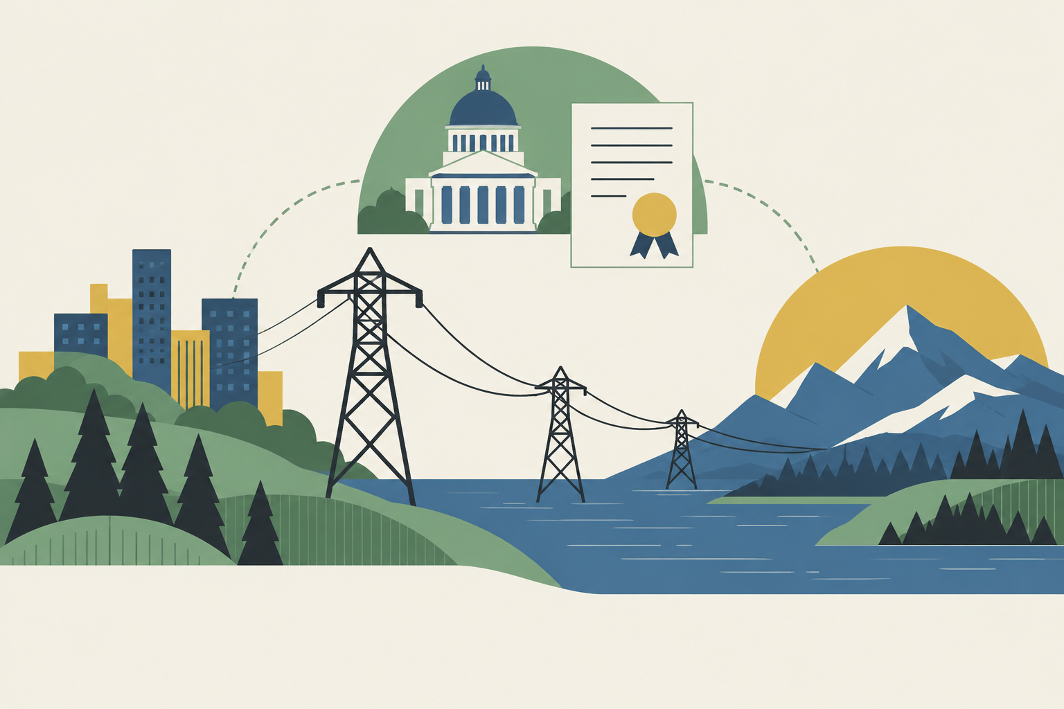 Flat geometric illustration in sage, mustard and slate blue.