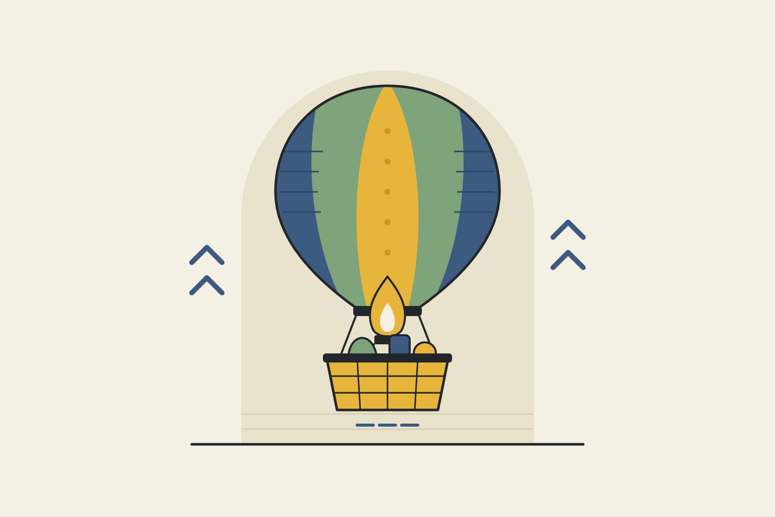 Flat geometric illustration in sage, mustard and slate blue.