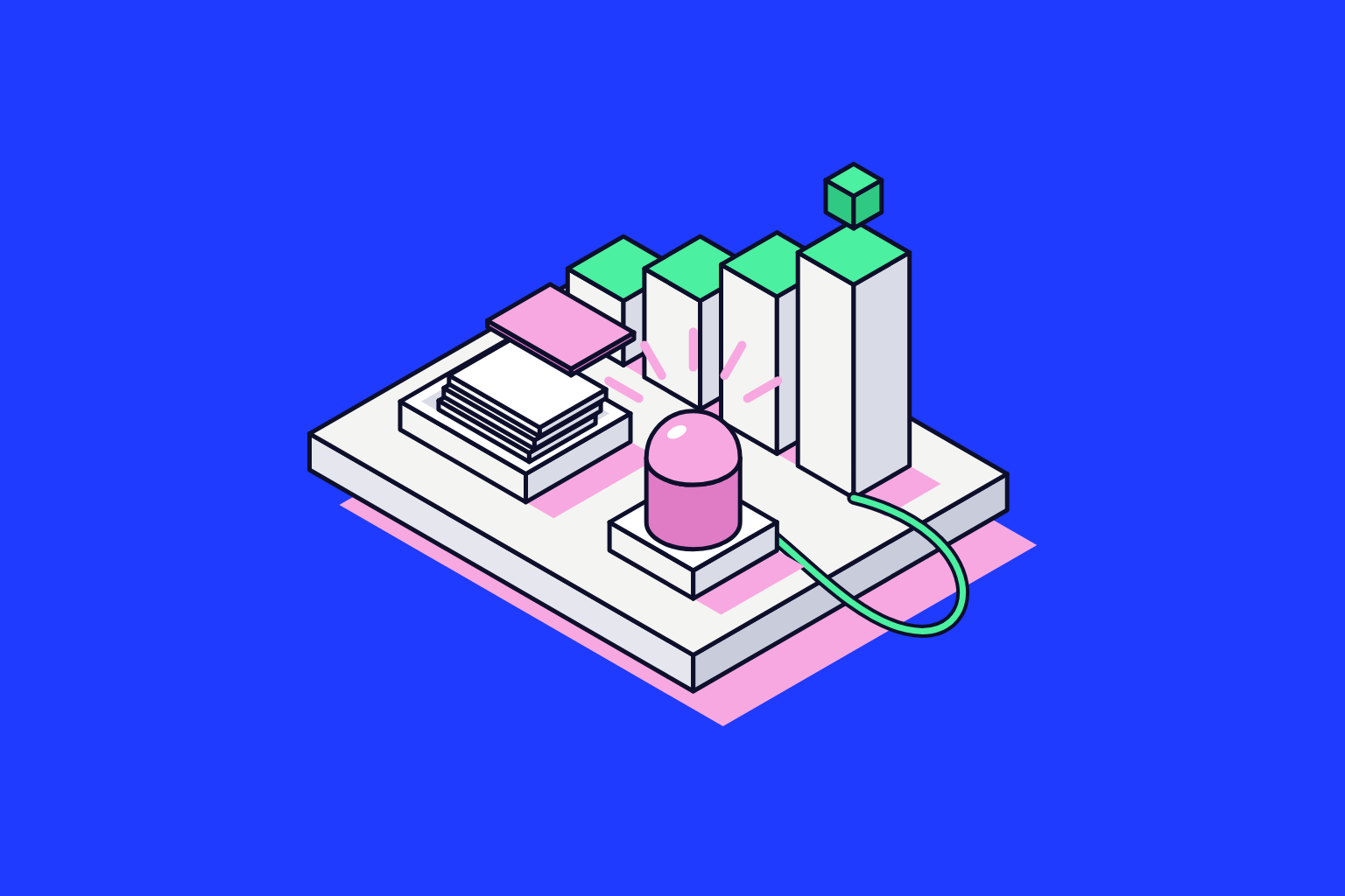 Isometric illustration of assembled objects in electric blue, mint and pink.