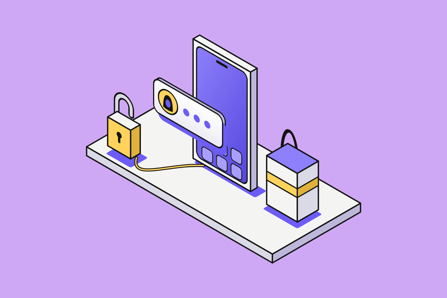 Isometric illustration of assembled objects in lilac, sun yellow and indigo.