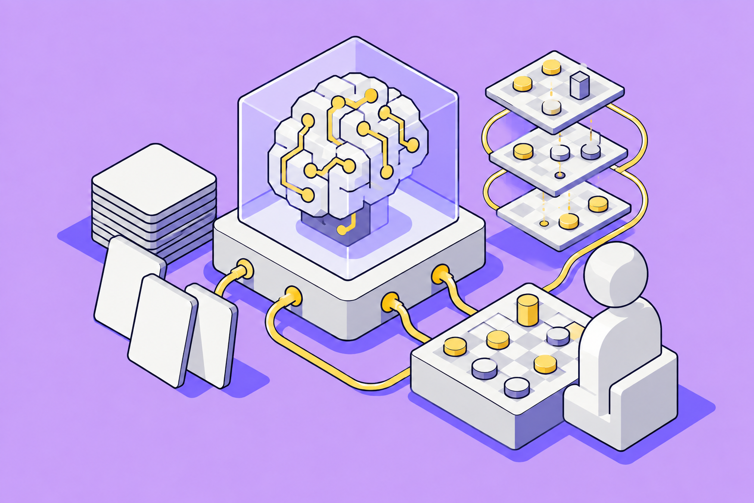 Isometric illustration of assembled objects on the theme of developed game-playing system, imperfect information and machine learning, in lilac, sun yellow and indigo.