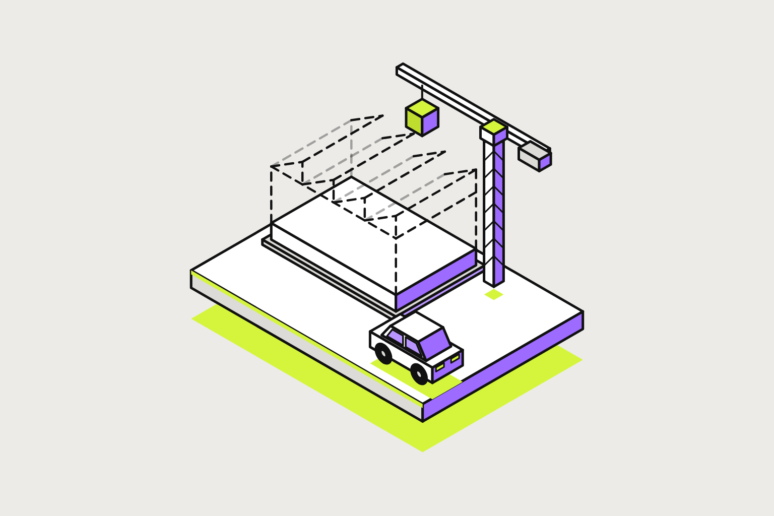 Isometric illustration of assembled objects in chalk, lime and violet.
