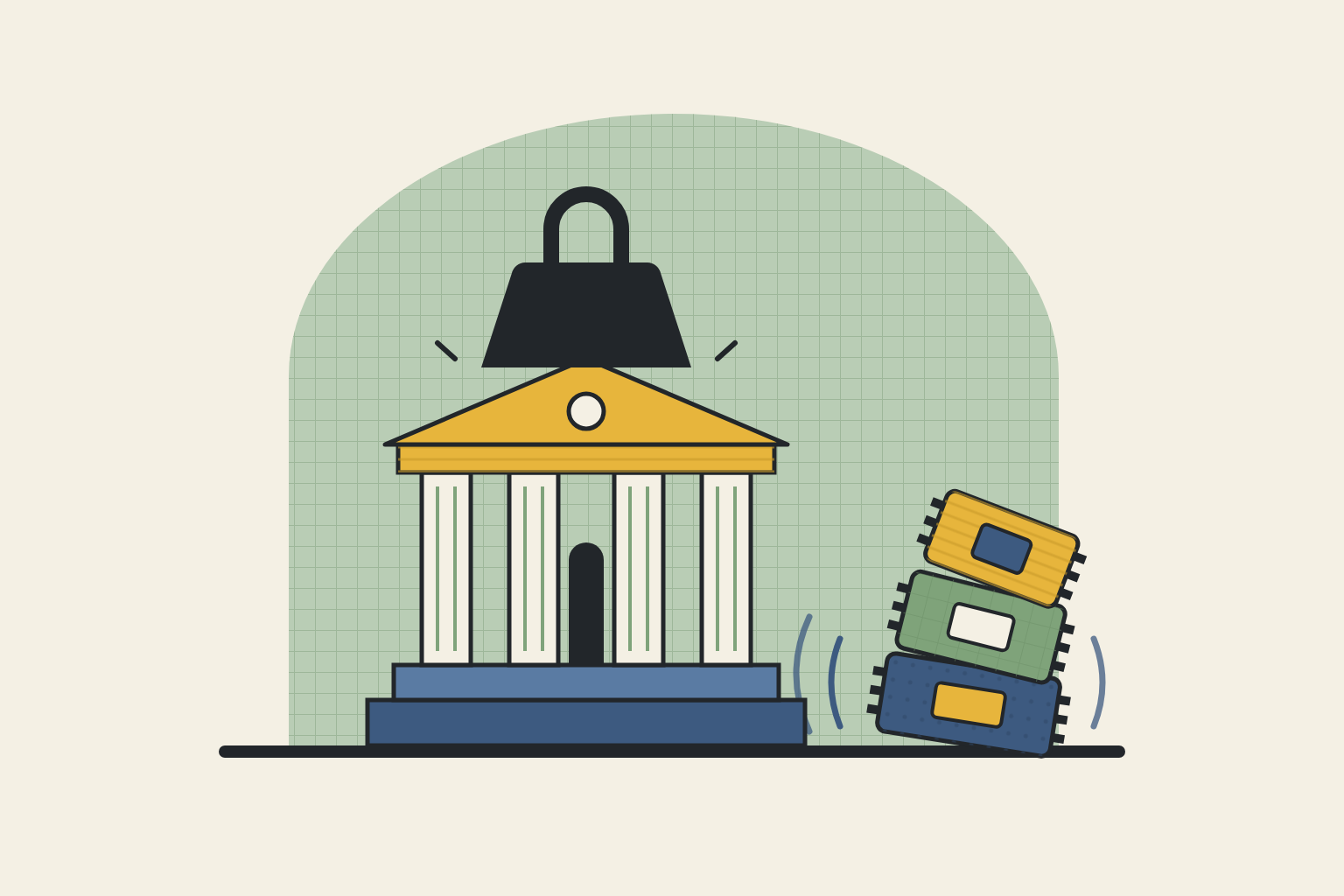 Flat geometric illustration in sage, mustard and slate blue.