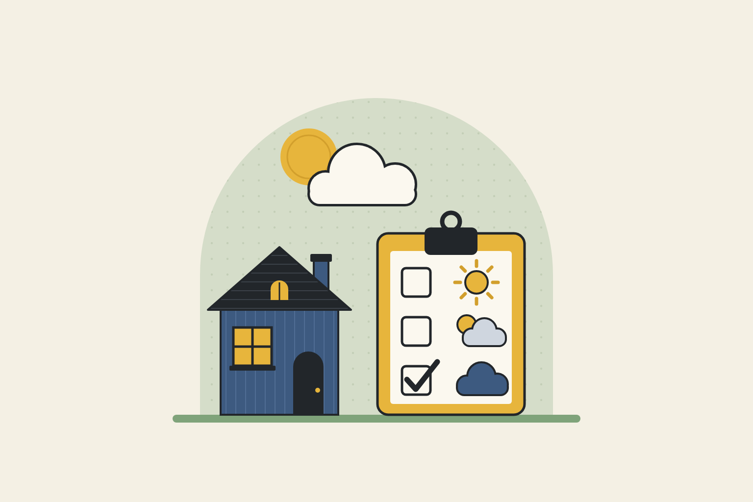 Flat geometric illustration in sage, mustard and slate blue.