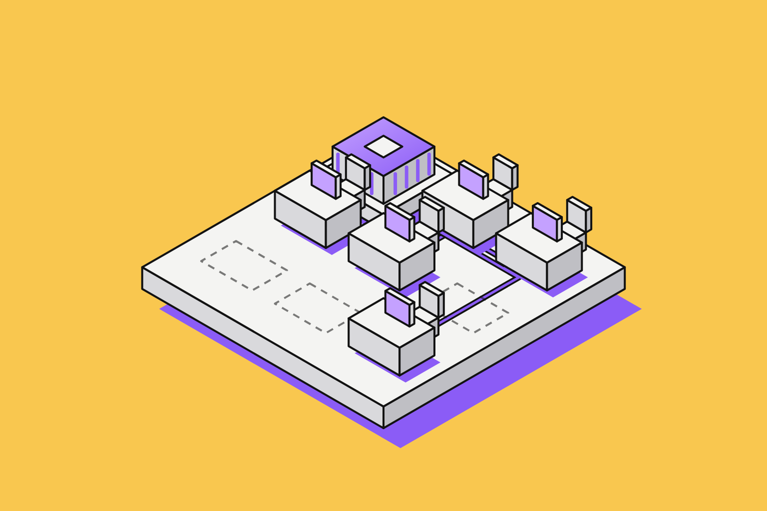 Isometric illustration of assembled objects in marigold and violet.