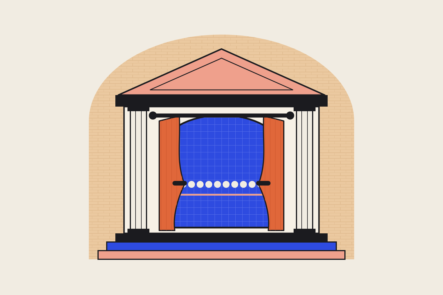 Flat geometric illustration in cobalt and terracotta.