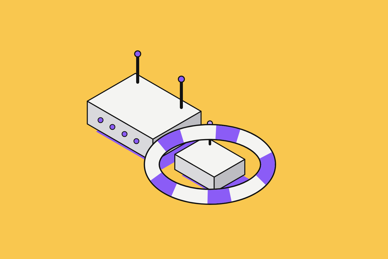Isometric illustration of assembled objects on the theme of agreed to buy broadband provider, telecoms and broadband, in marigold and violet.