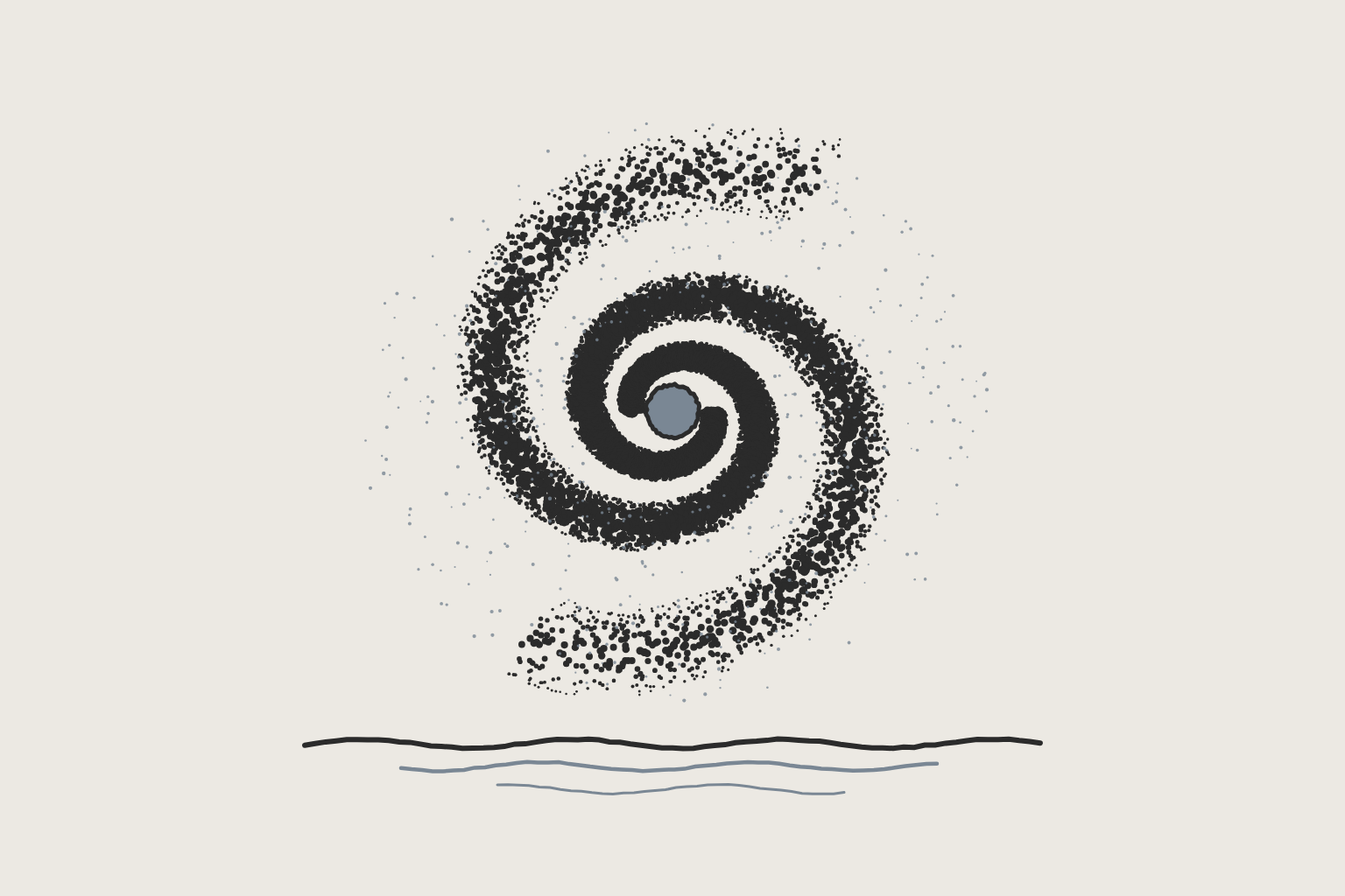 Illustration in a hand-printed ink style in charcoal ink on stone with a slate spot.