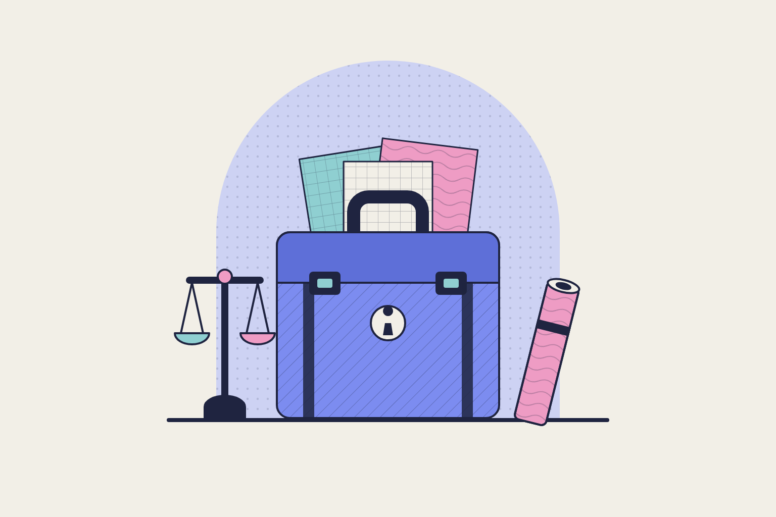 Flat geometric illustration in rose, periwinkle and aqua.