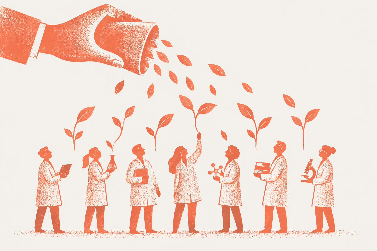 Illustration in a hand-printed ink style on the theme of expanded research career funding, research funding and scientific careers, in coral ink on paper white.