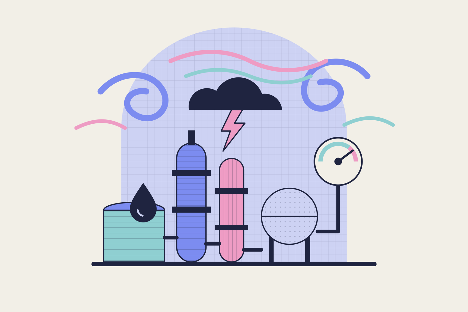 Flat geometric illustration in rose, periwinkle and aqua.