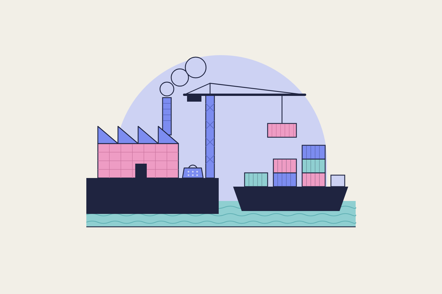 Flat geometric illustration in rose, periwinkle and aqua.