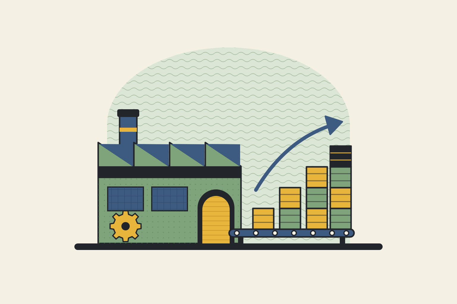 Flat geometric illustration in sage, mustard and slate blue.