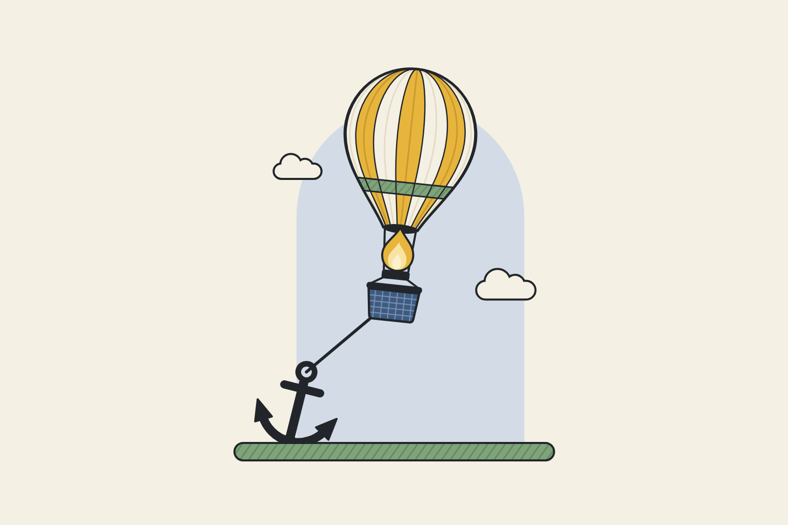 Flat geometric illustration in sage, mustard and slate blue.