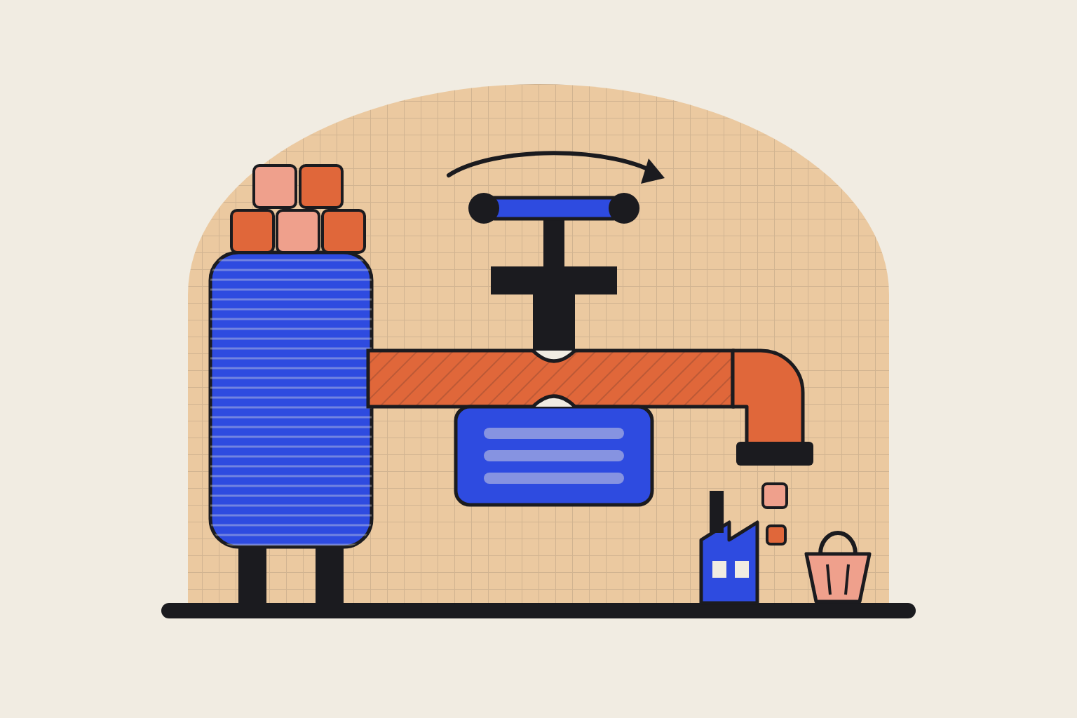 Flat geometric illustration in cobalt and terracotta.