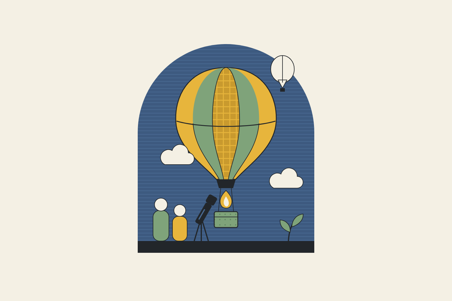 Flat geometric illustration in sage, mustard and slate blue.