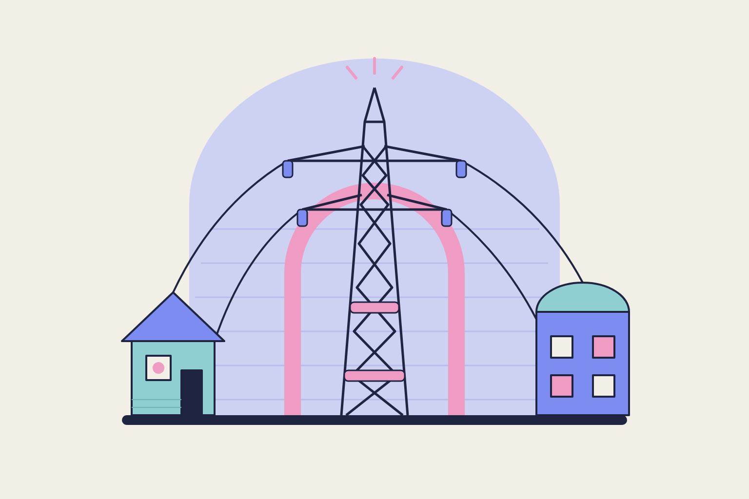 Flat geometric illustration in rose, periwinkle and aqua.