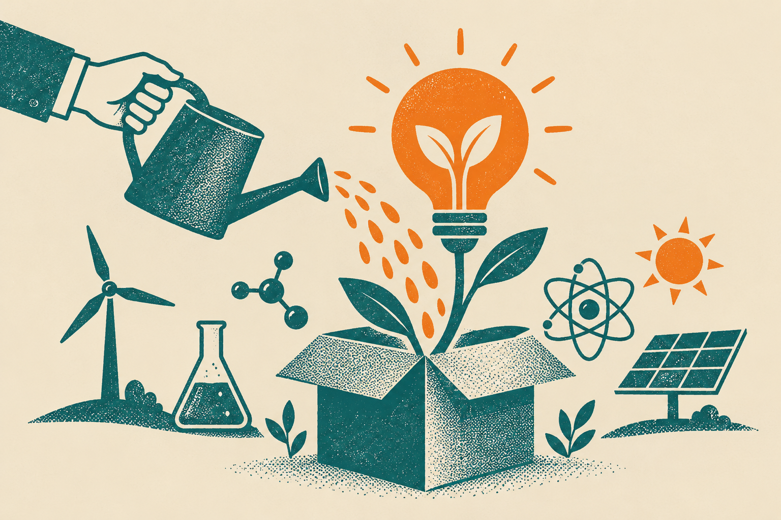 Illustration in a hand-printed ink style on the theme of announced research funding, research funding and energy research, in teal ink on cream with an orange spot.