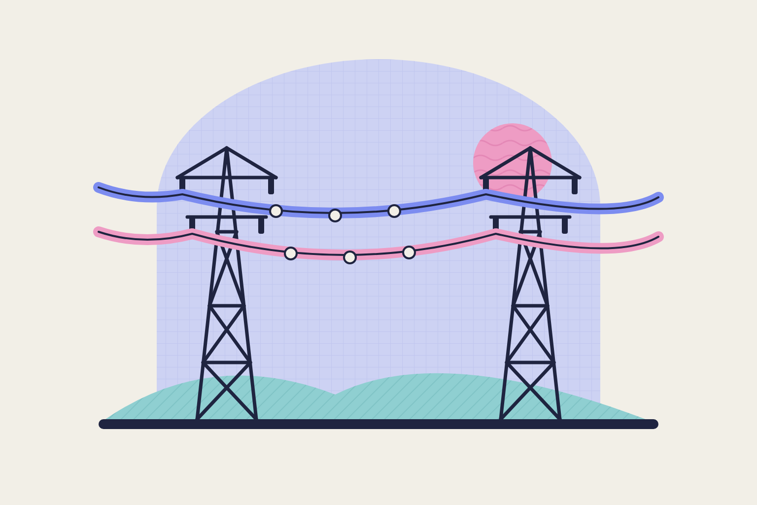 Flat geometric illustration in rose, periwinkle and aqua.