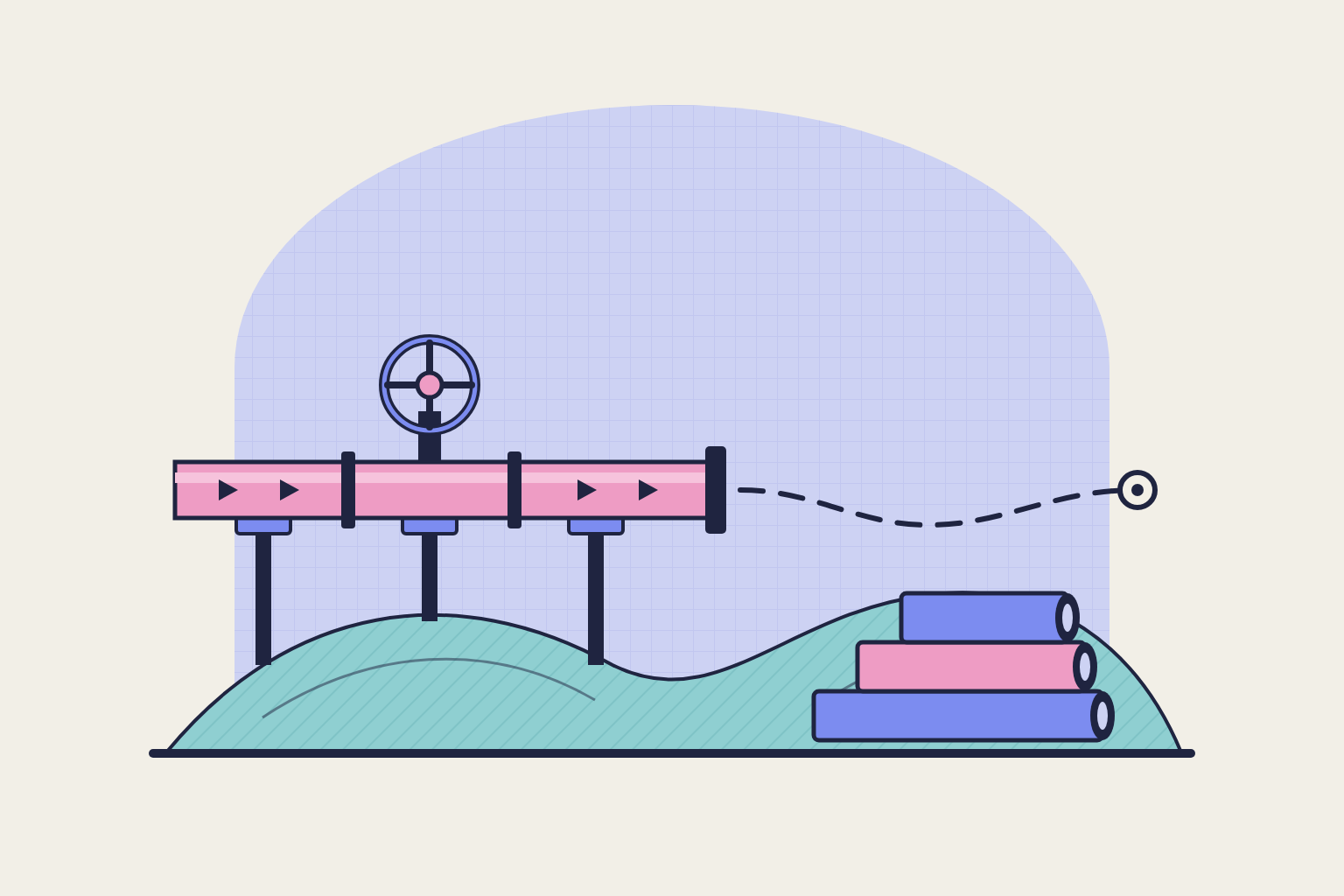 Flat geometric illustration in rose, periwinkle and aqua.