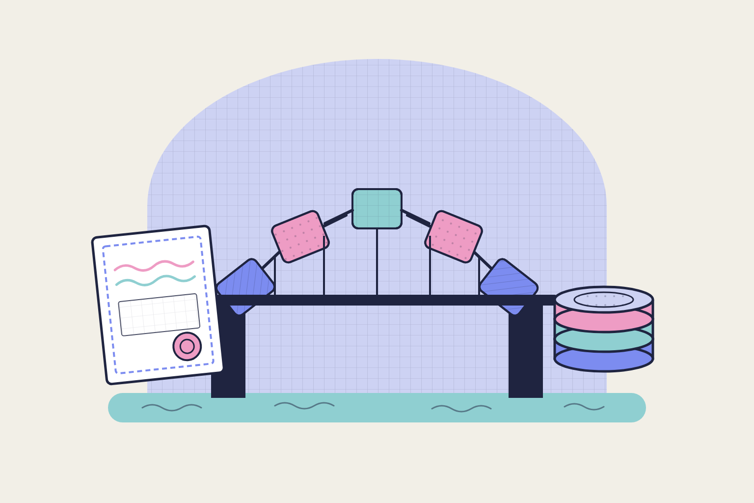Flat geometric illustration in rose, periwinkle and aqua.