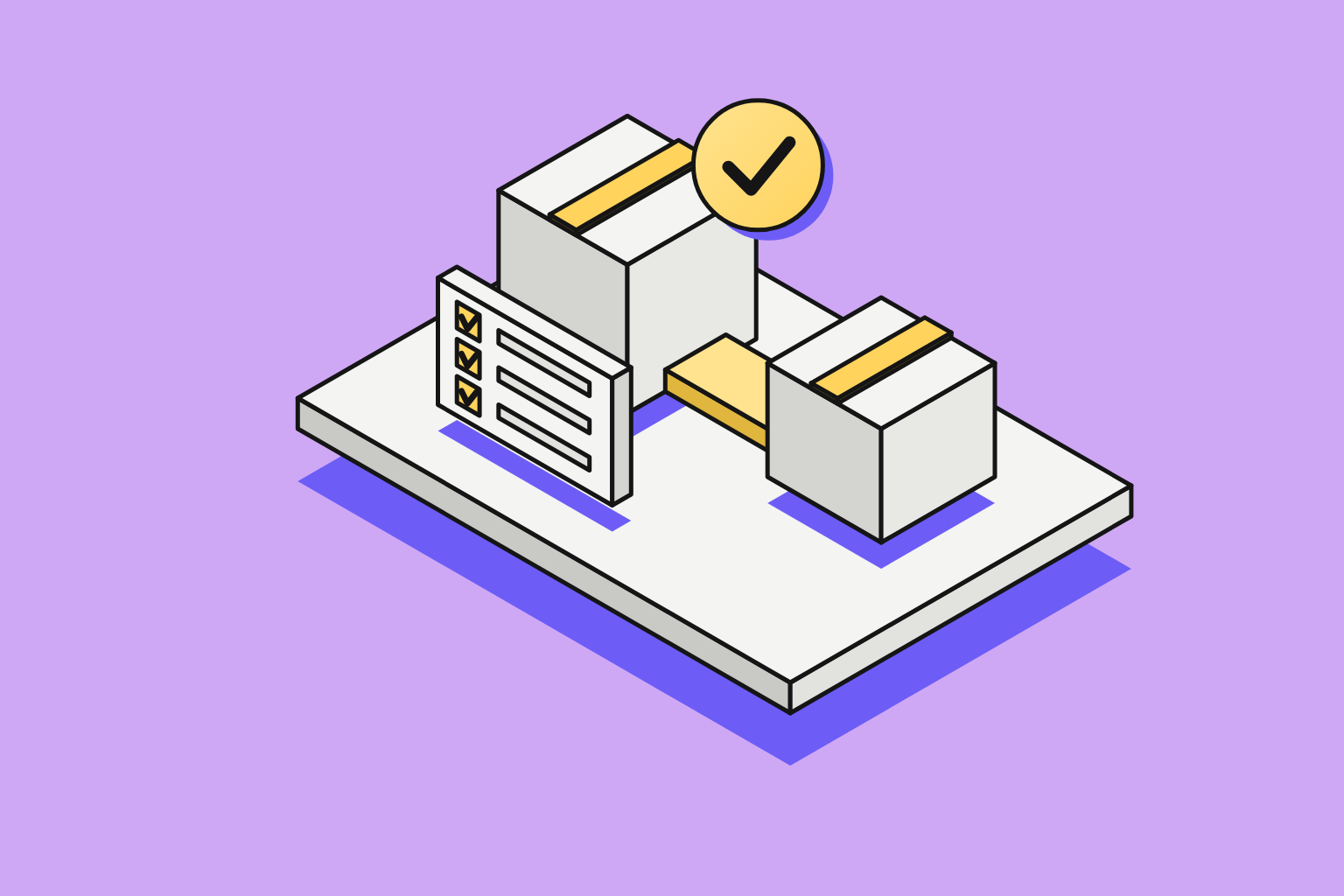 Isometric illustration of assembled objects in lilac, sun yellow and indigo.