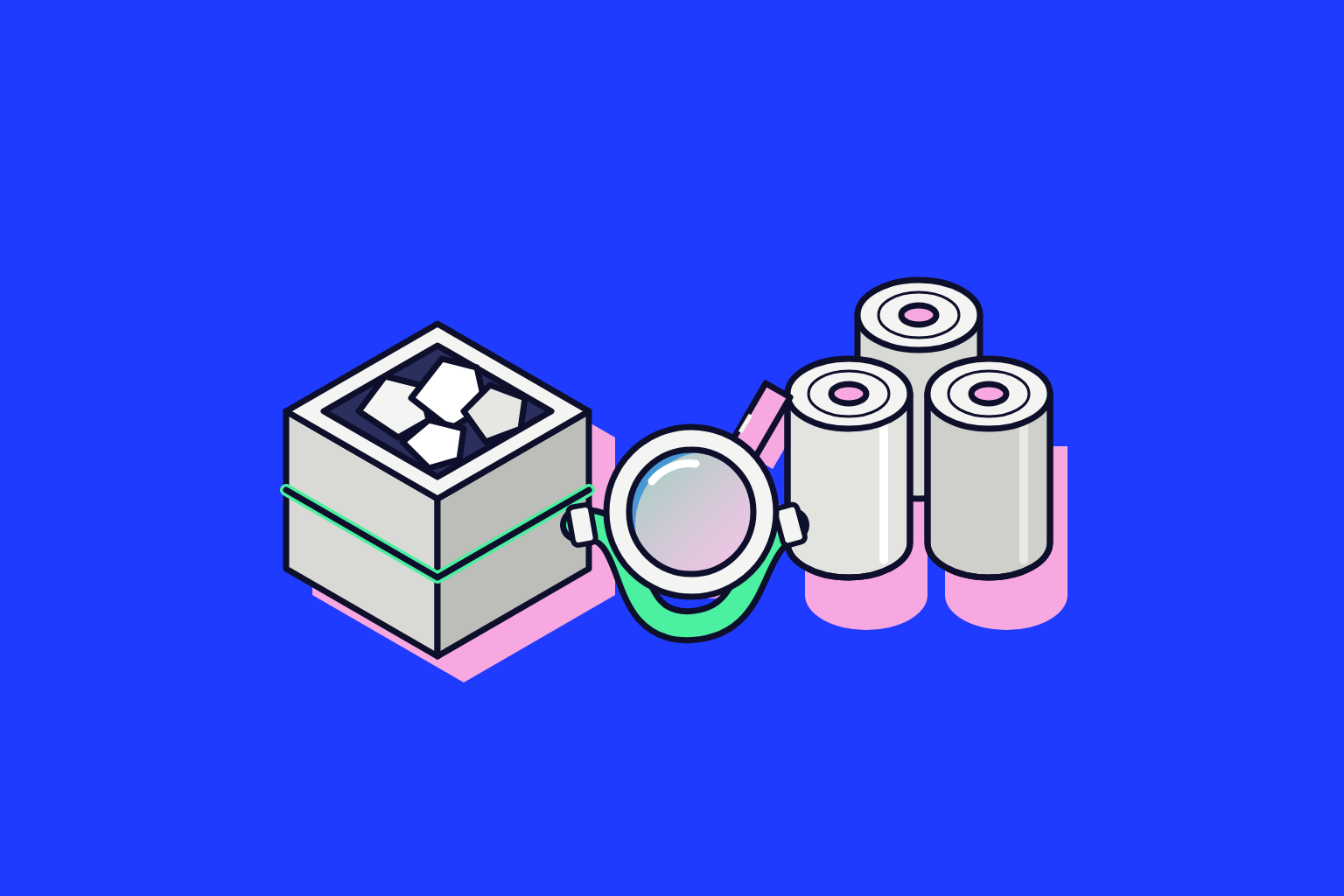 Isometric illustration of assembled objects in electric blue, mint and pink.