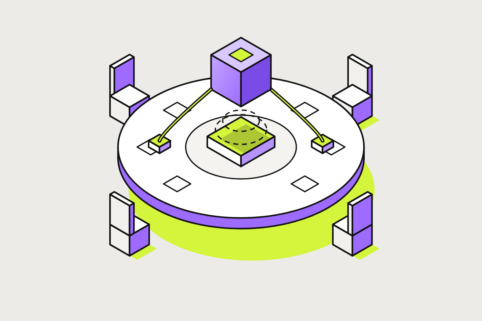 Isometric illustration of assembled objects in chalk, lime and violet.