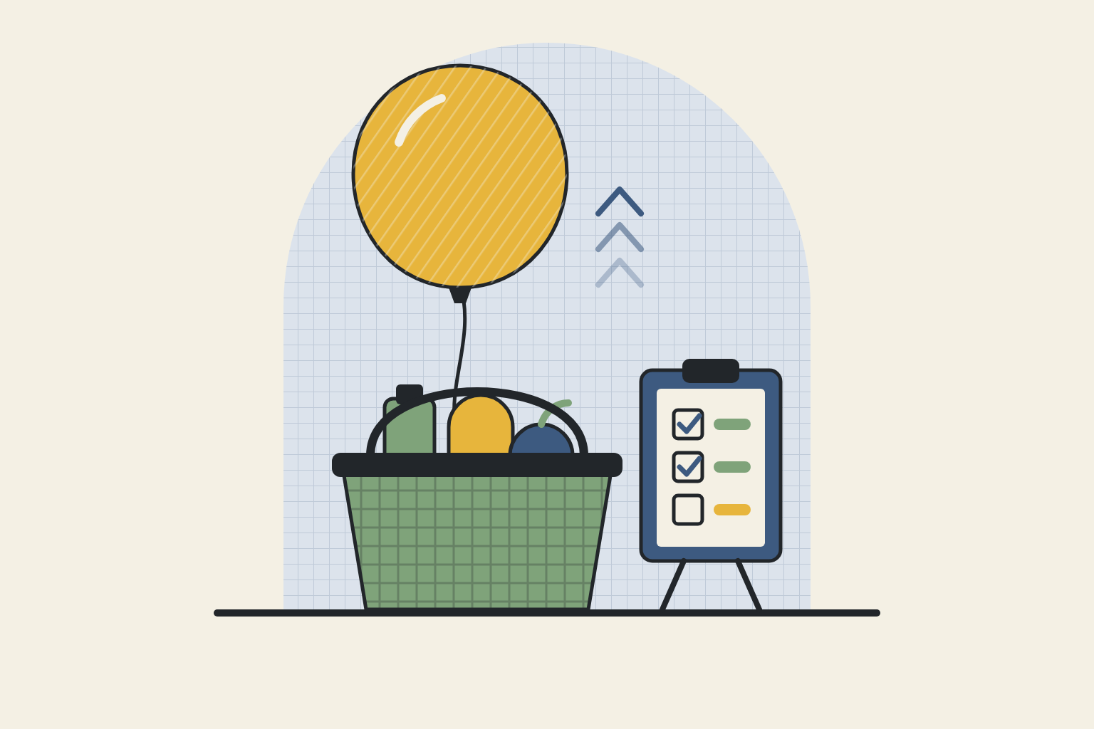 Flat geometric illustration in sage, mustard and slate blue.
