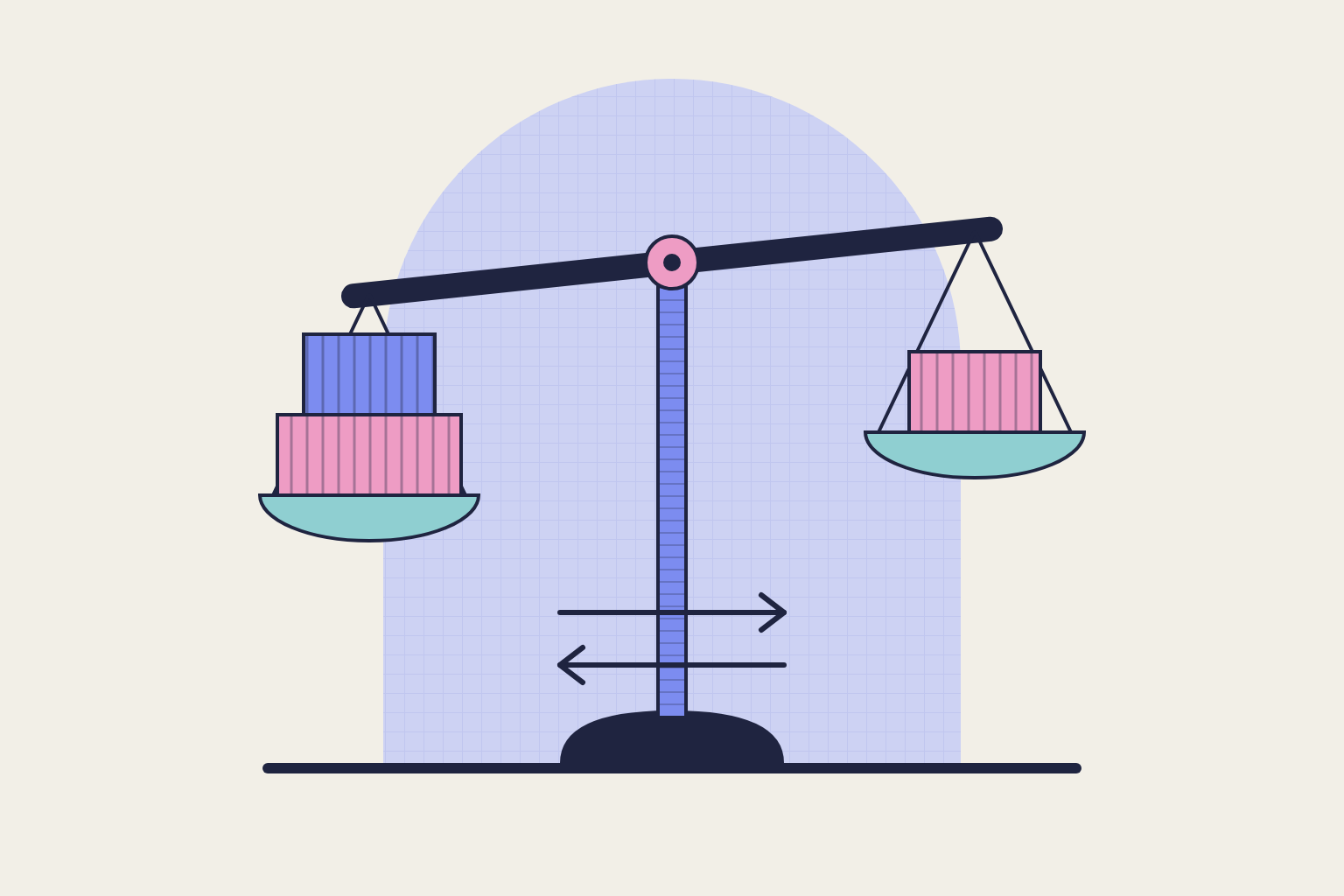 Flat geometric illustration in rose, periwinkle and aqua.