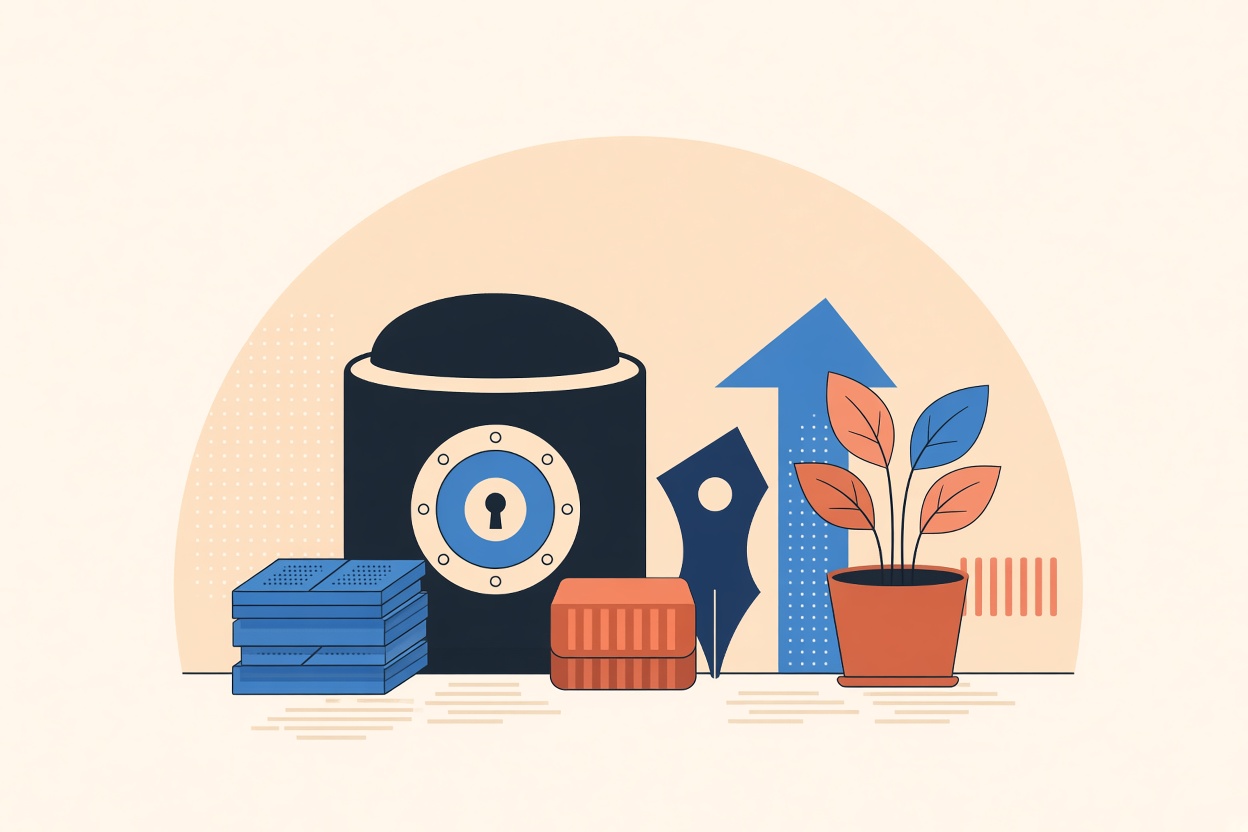 Flat geometric illustration on the theme of euro area, monetary aggregates and bank lending, in cobalt and terracotta.