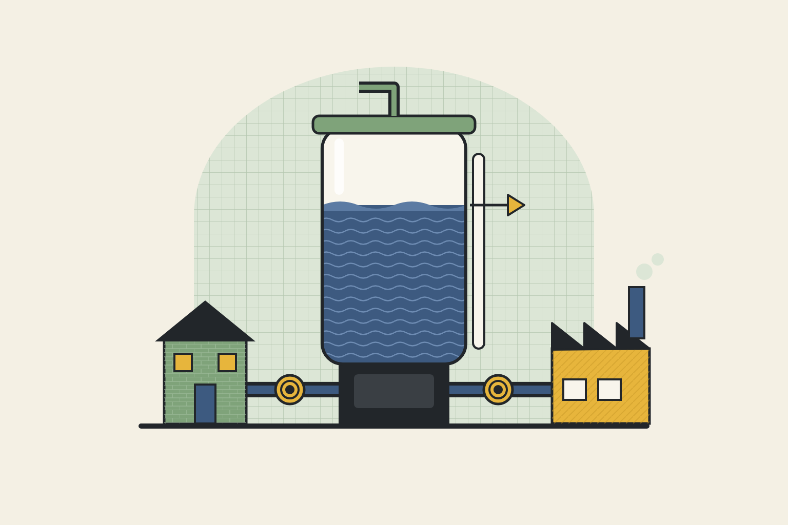 Flat geometric illustration in sage, mustard and slate blue.