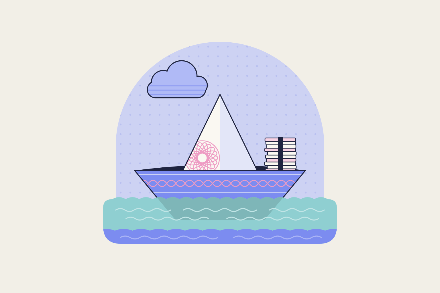 Flat geometric illustration in rose, periwinkle and aqua.