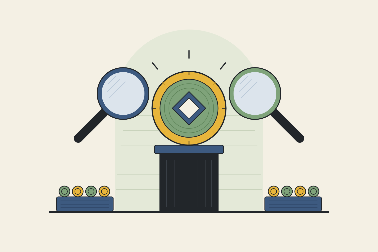 Flat geometric illustration in sage, mustard and slate blue.