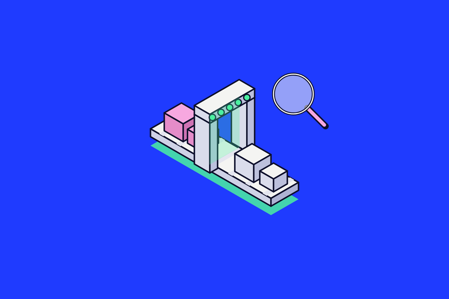 Isometric illustration of assembled objects in electric blue, mint and pink.