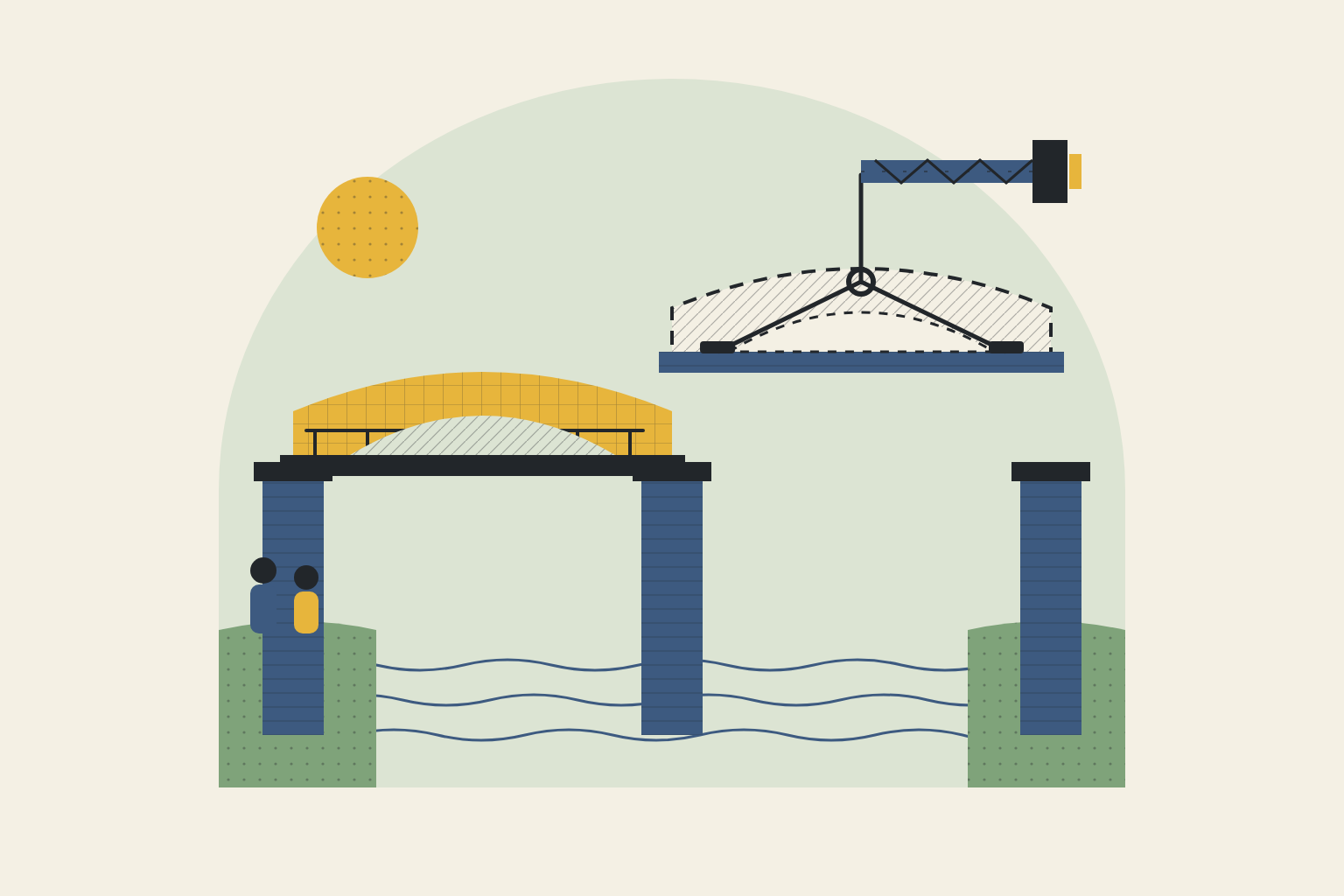 Flat geometric illustration in sage, mustard and slate blue.