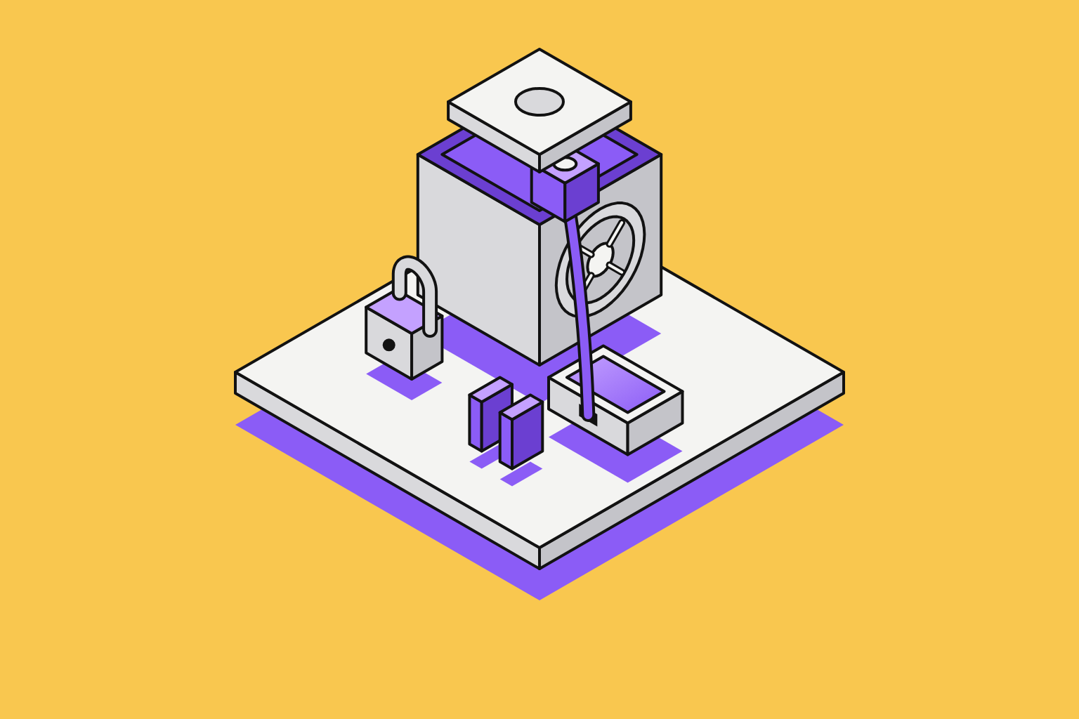 Isometric illustration of assembled objects in marigold and violet.