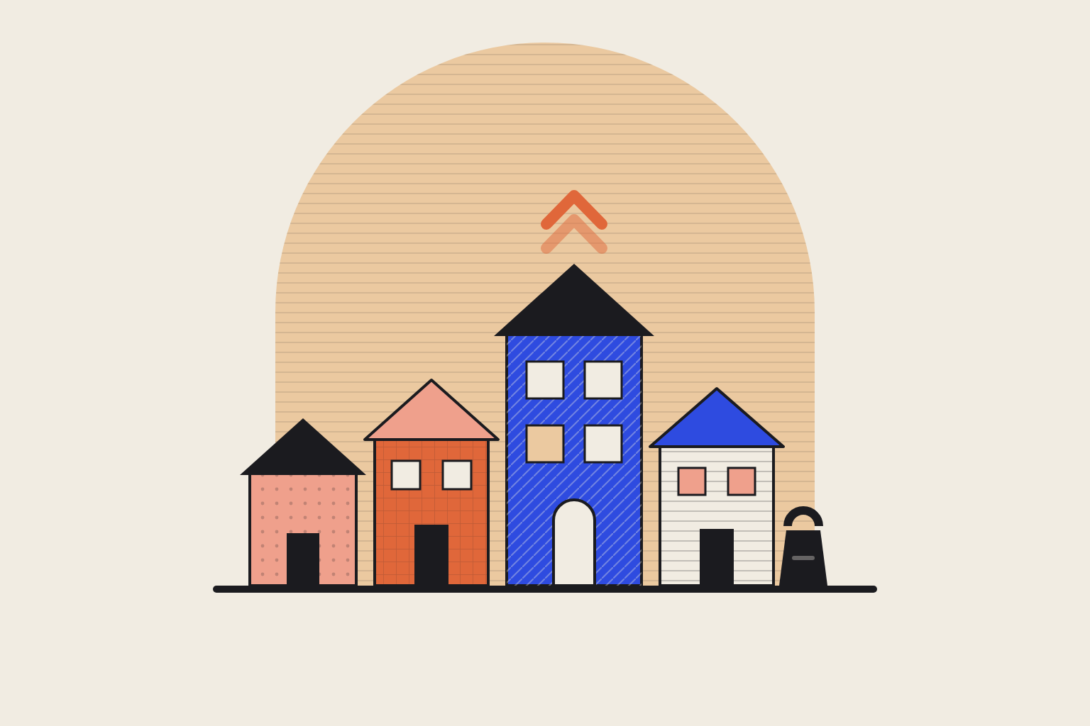 Flat geometric illustration in cobalt and terracotta.