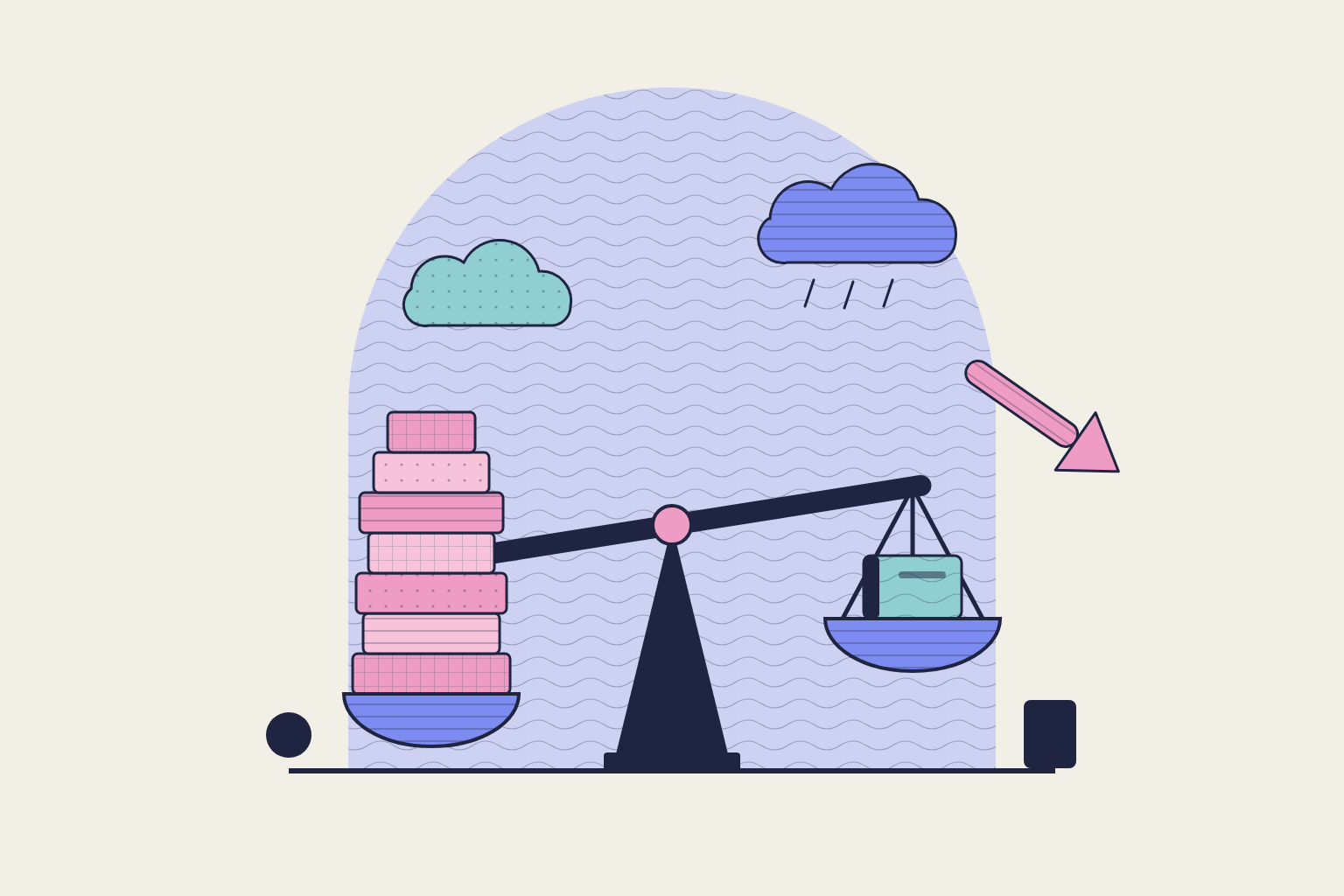 Flat geometric illustration in rose, periwinkle and aqua.