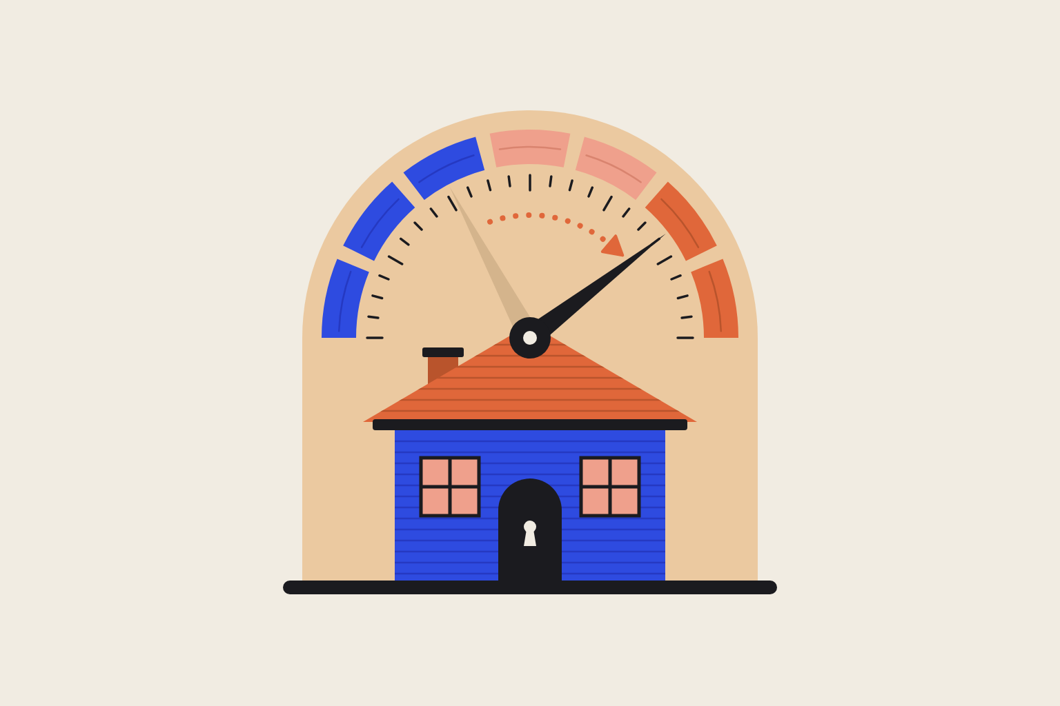 Flat geometric illustration in cobalt and terracotta.