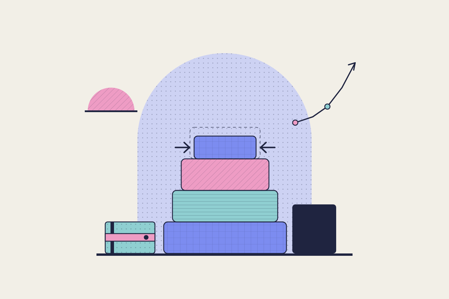 Flat geometric illustration in rose, periwinkle and aqua.