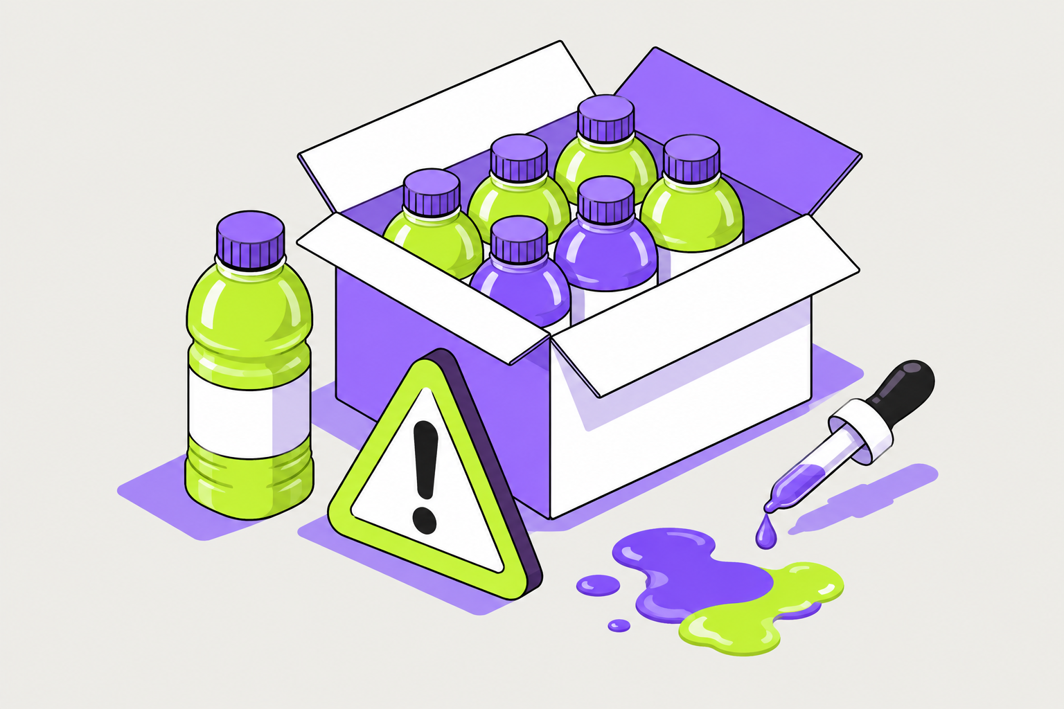 Isometric illustration of assembled objects in chalk, lime and violet.