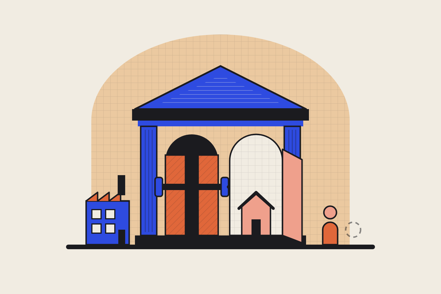 Flat geometric illustration in cobalt and terracotta.