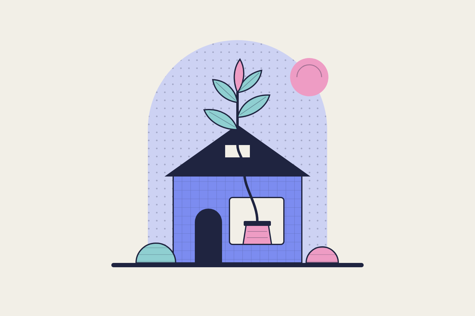 Flat geometric illustration in rose, periwinkle and aqua.