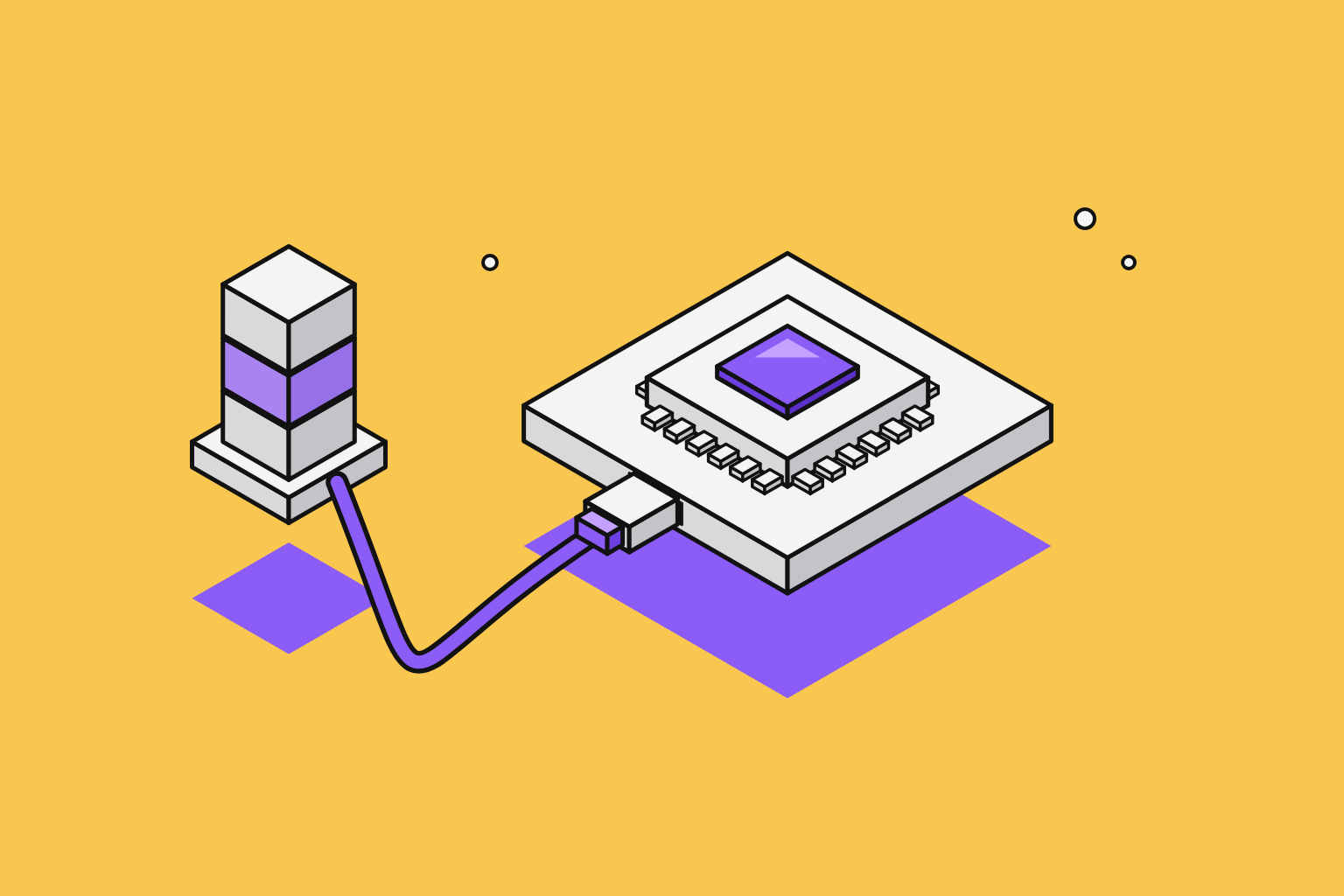 Isometric illustration of assembled objects in marigold and violet.