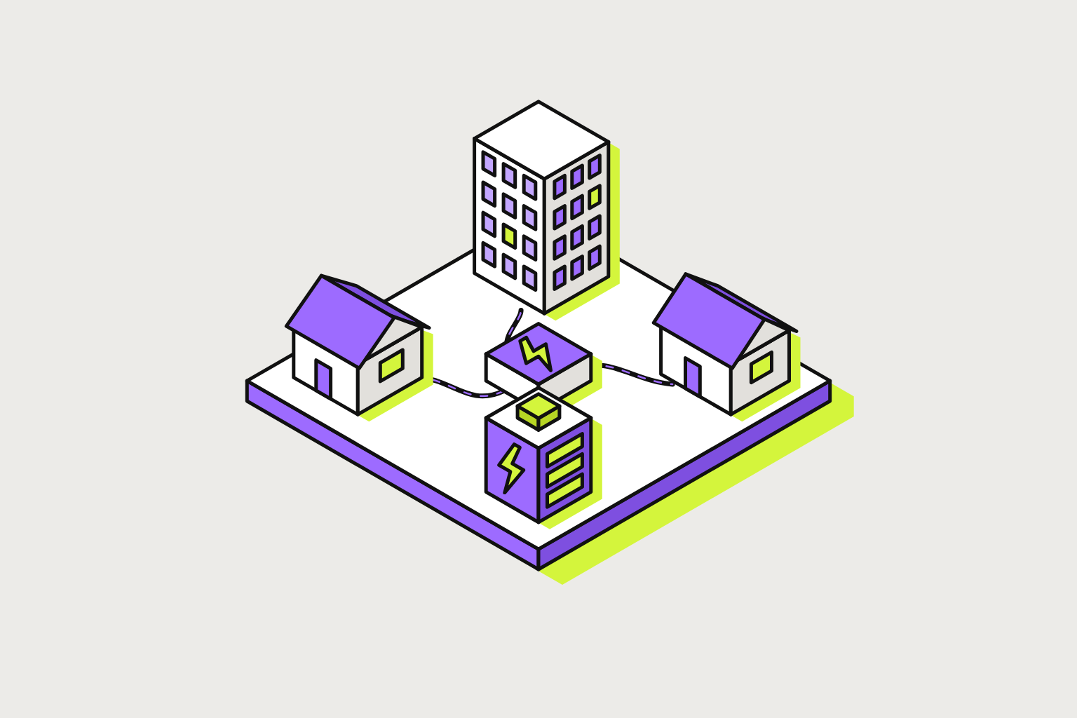 Isometric illustration of assembled objects in chalk, lime and violet.