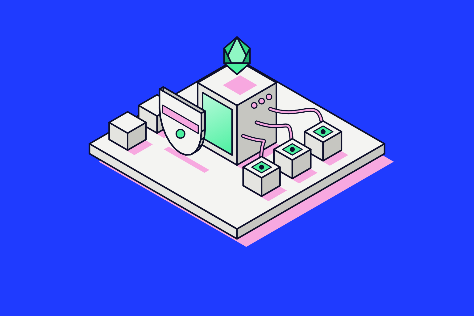 Isometric illustration of assembled objects in electric blue, mint and pink.