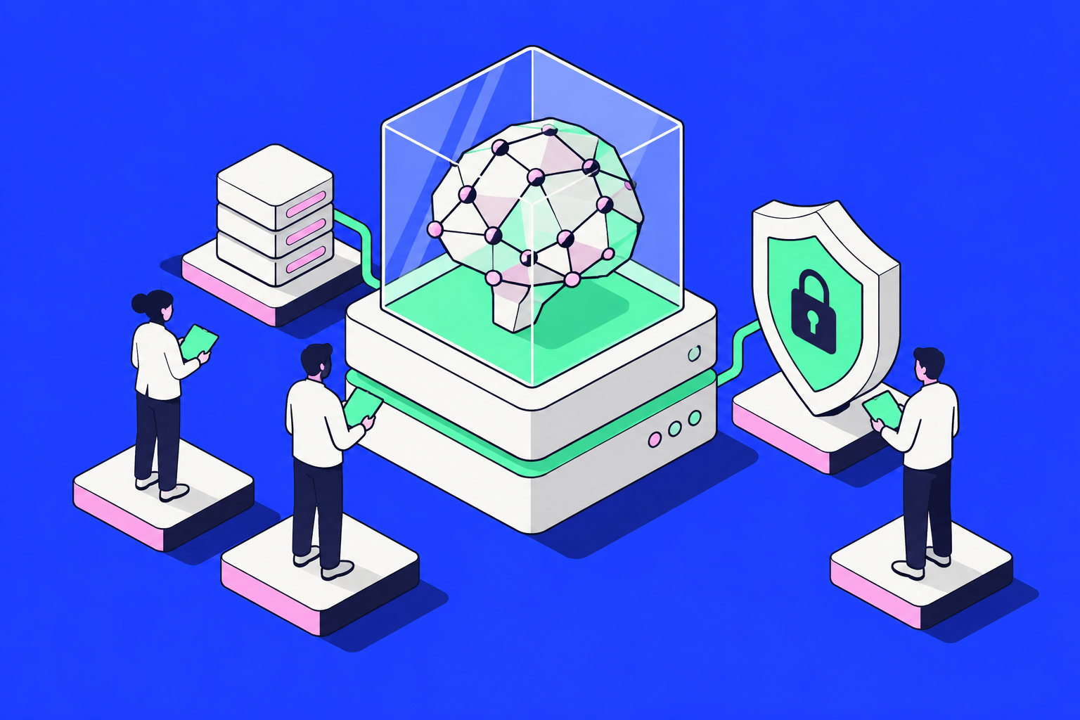 Isometric illustration of assembled objects on the theme of announced frontier model, language models and cybersecurity, in electric blue, mint and pink.